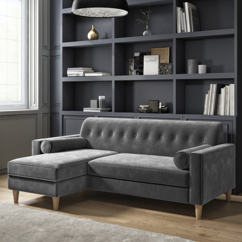 Grey 3 Seater L Shaped Sofa in Velvet - Left Hand Facing - Idris