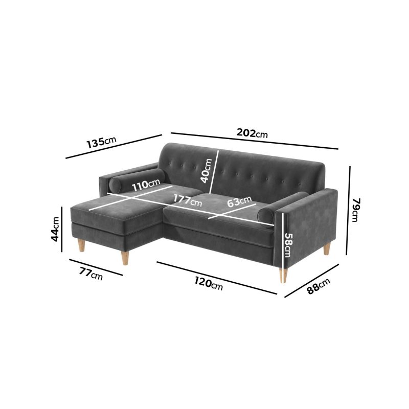 Grey 3 Seater L Shaped Sofa in Velvet - Left Hand Facing - Idris - Image 3