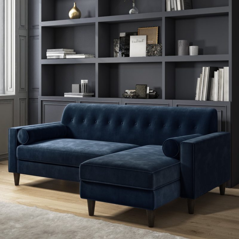 3 Seater Right Hand Facing L Shaped Sofa in Navy Blue Velvet - Idris