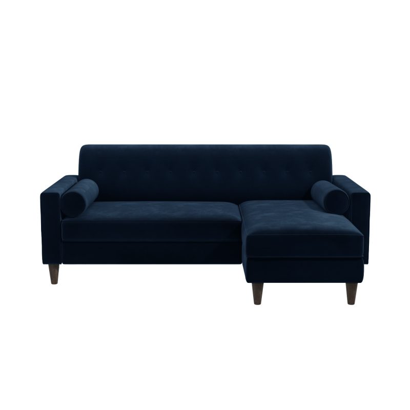 3 Seater Right Hand Facing L Shaped Sofa with Footstool in Navy Blue Velvet - Idris - Image 2