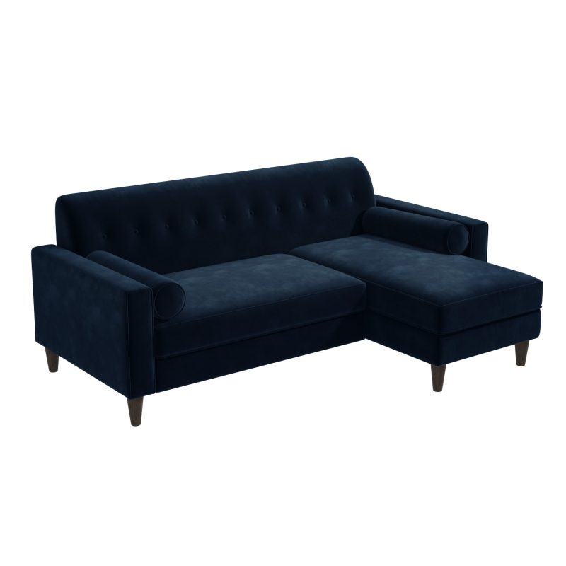 3 Seater Right Hand Facing L Shaped Sofa with Footstool in Navy Blue Velvet - Idris - Image 3