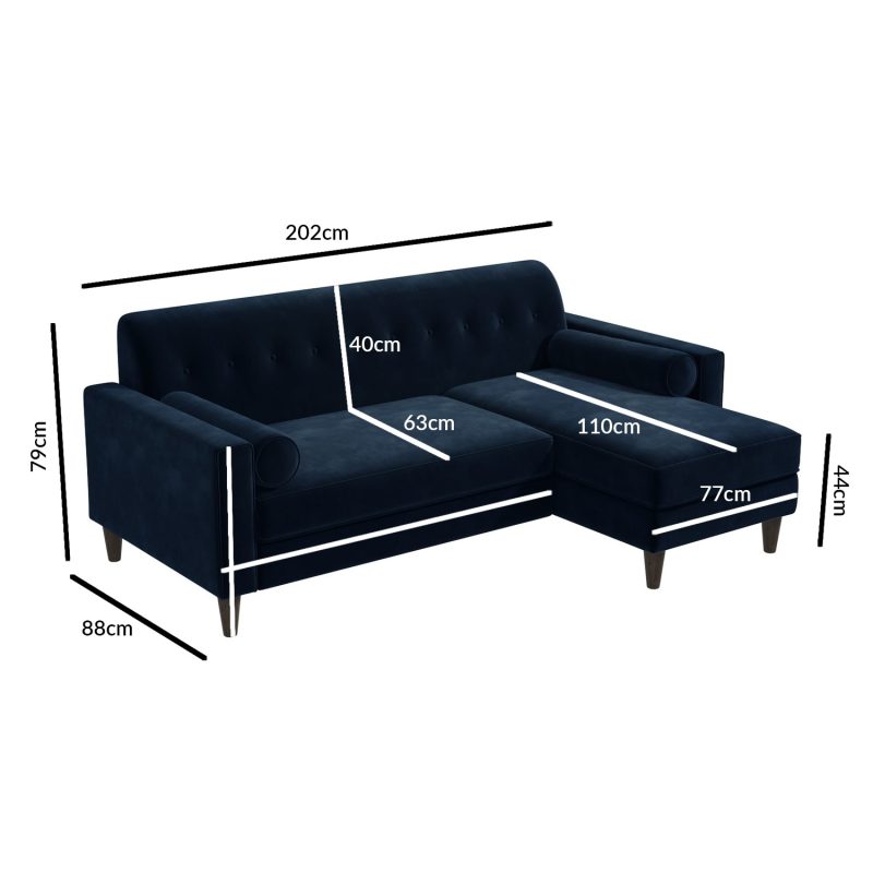 3 Seater Right Hand Facing L Shaped Sofa in Navy Blue Velvet - Idris - Image 4