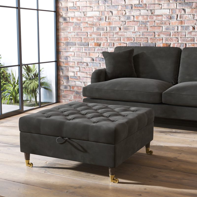 Charcoal Velvet Buttoned Ottoman Storage Footstool - Payton - Image 2