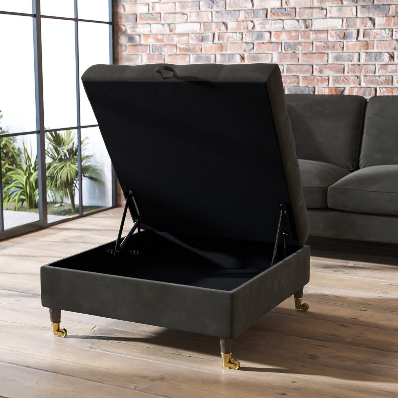 Charcoal Velvet Buttoned Ottoman Storage Footstool - Payton - Image 3