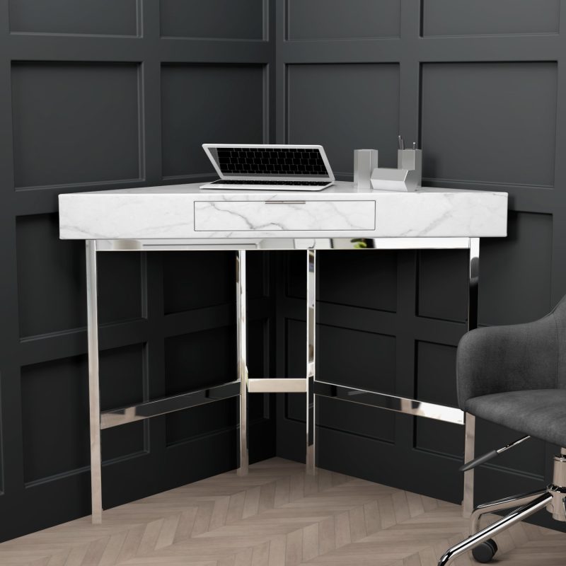 White Faux Marble Corner Desk with Storage Drawer - Roxy
