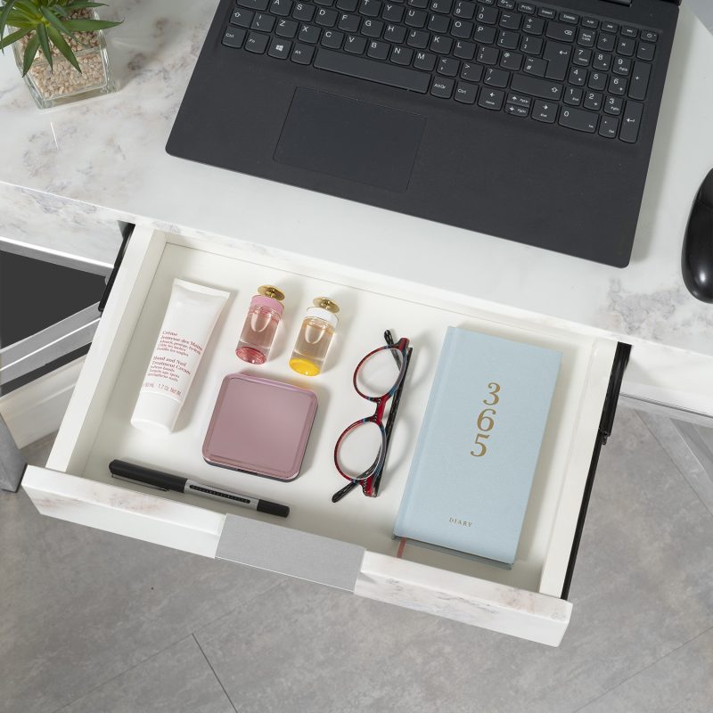 White Faux Marble Corner Desk with Storage Drawer - Roxy - Image 2