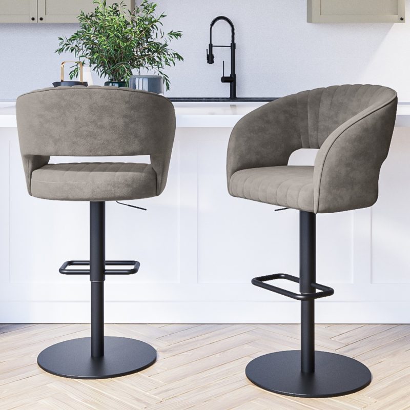 Set of 2 Curved Grey Faux Leather Adjustable Bar Stools with Backs - Runa