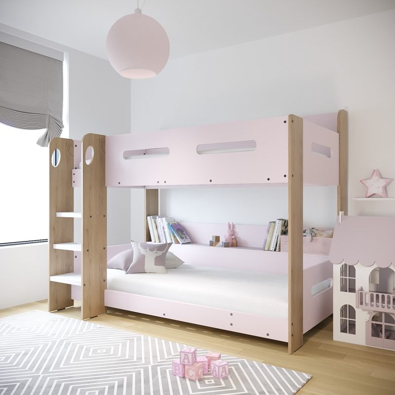 Pink and Oak Bunk Bed with Shelves - Sky - Image 2