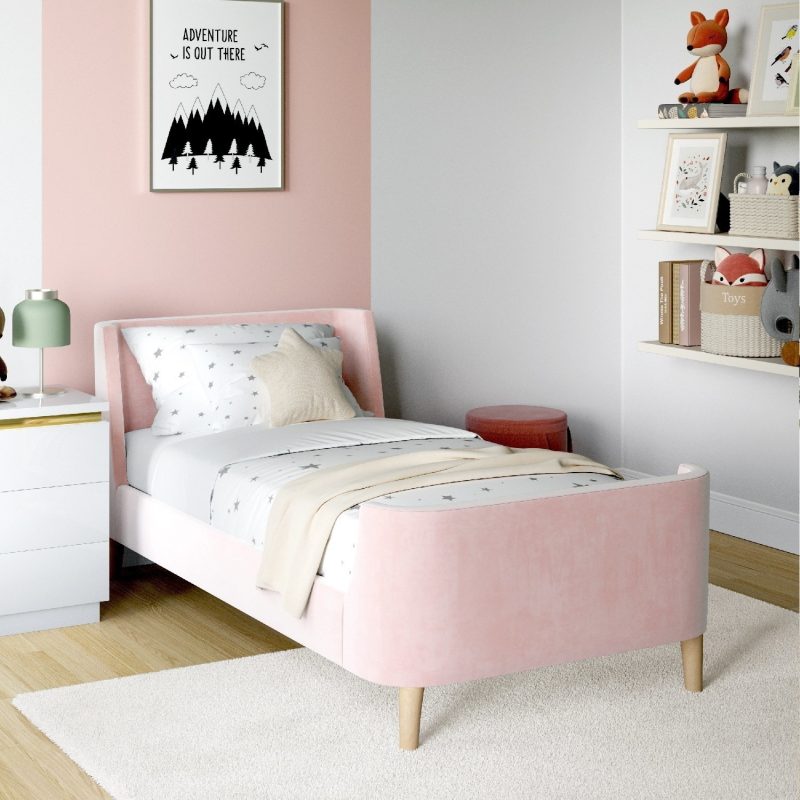 Blush Pink Velvet Single Sleigh Bed Frame with Scandi Styling - Charlotte