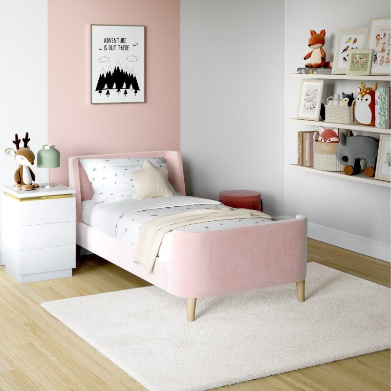 Blush Pink Velvet Single Sleigh Bed Frame with Scandi Styling - Charlotte - Image 2