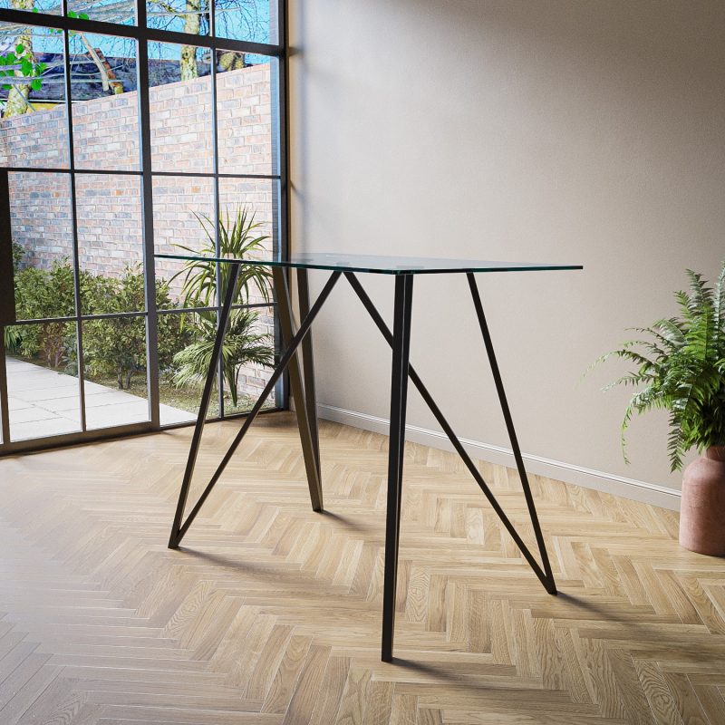 Small Glass Breakfast Bar Table with Black Metal Legs - Seats 2 - Dax