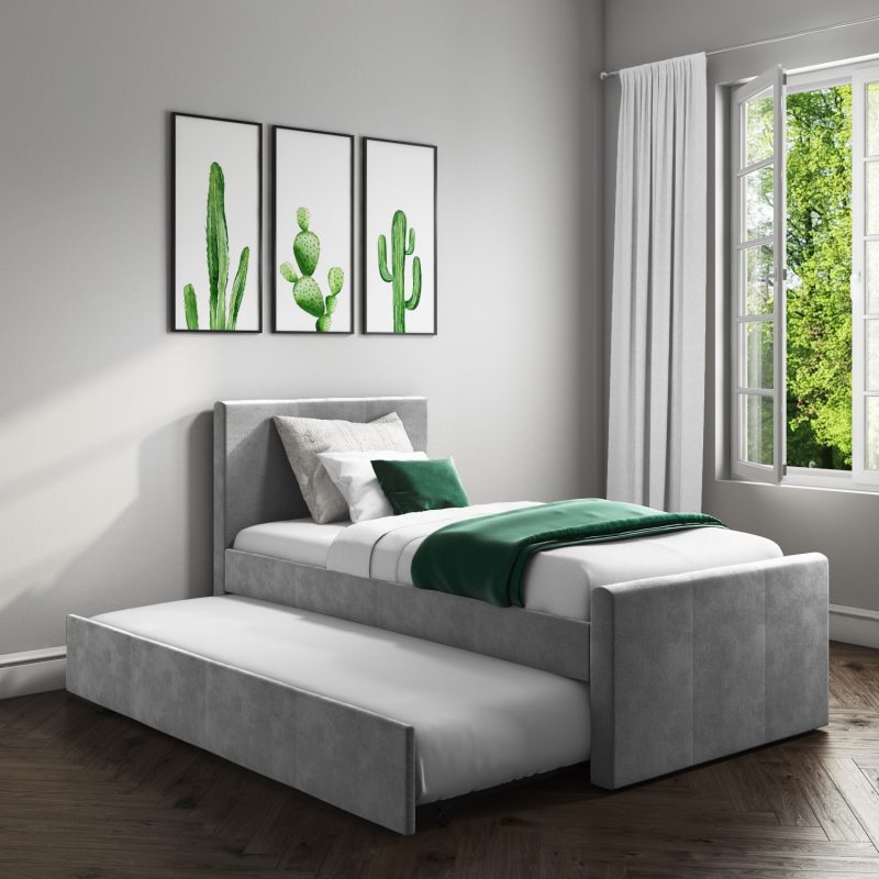 Single Guest Bed with Trundle in Grey Velvet - Layla