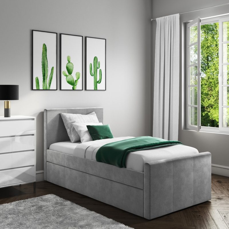 Single Guest Bed with Trundle in Grey Velvet - Layla - Image 2