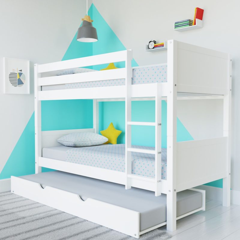 White Wooden Detachable Bunk Bed with Trundle - Luca
