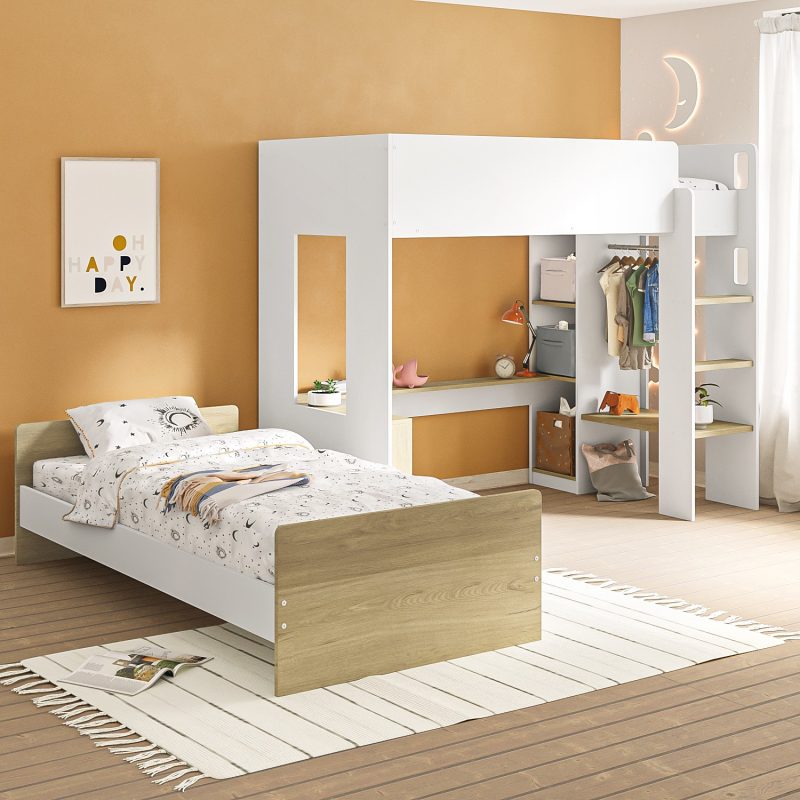 L-Shaped Detachable Bunk Bed with Storage in White and Oak - Layne - Image 2