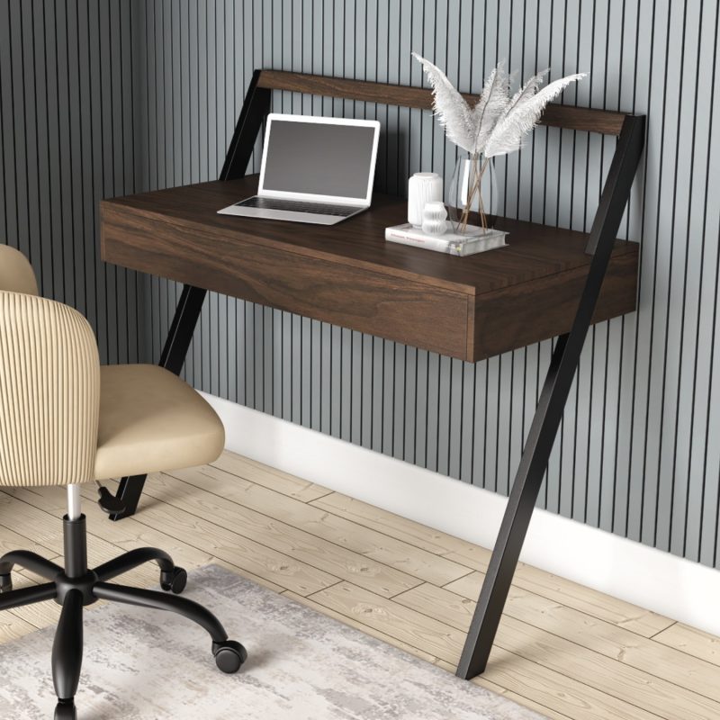 Walnut Brown Wall Mounted Leaning Desk with Storage Drawer - Nico