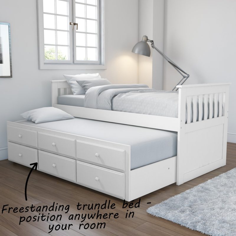 Single White Wooden Guest Bed with Storage and Trundle - Oxford - Image 2