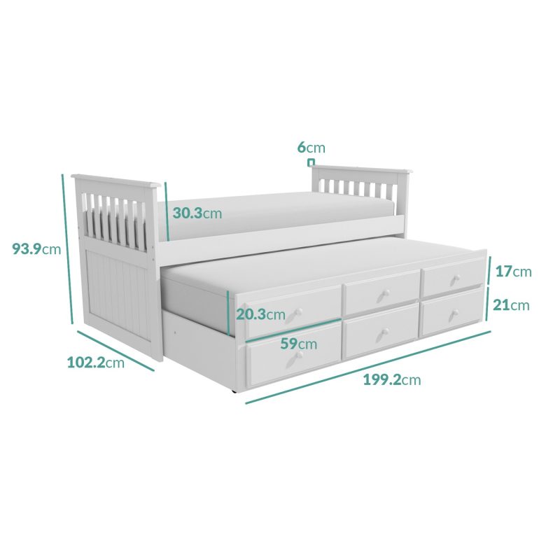 Single White Wooden Guest Bed with Storage and Trundle - Oxford - Image 3