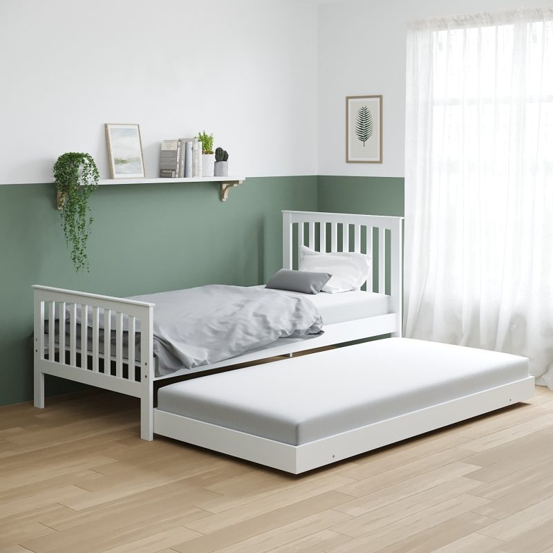 Single White Wooden Guest Bed with Trundle - Oxford - Image 2