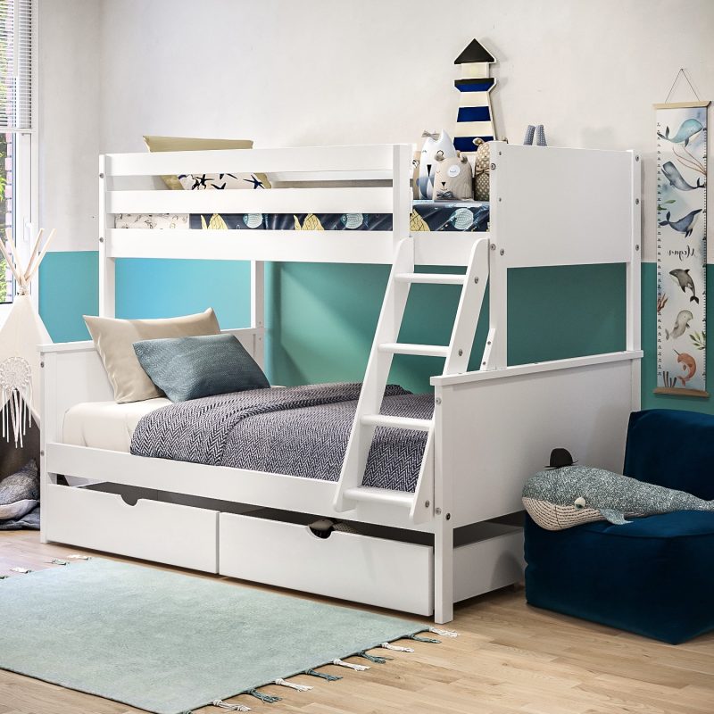 White Wooden Triple Sleeper Bunk Bed with Storage Drawers - Parker
