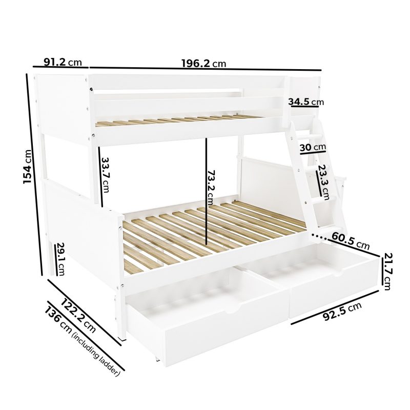 White Wooden Triple Sleeper Bunk Bed with Storage Drawers - Parker - Image 2
