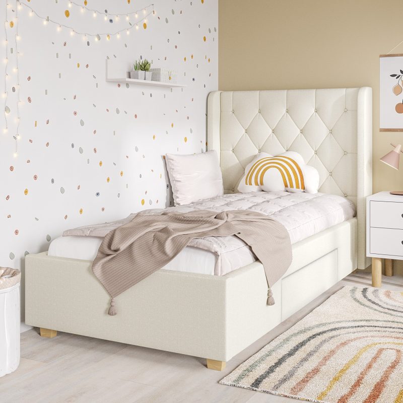 Beige Fabric Single Bed Frame with Storage Drawer - Phoebe