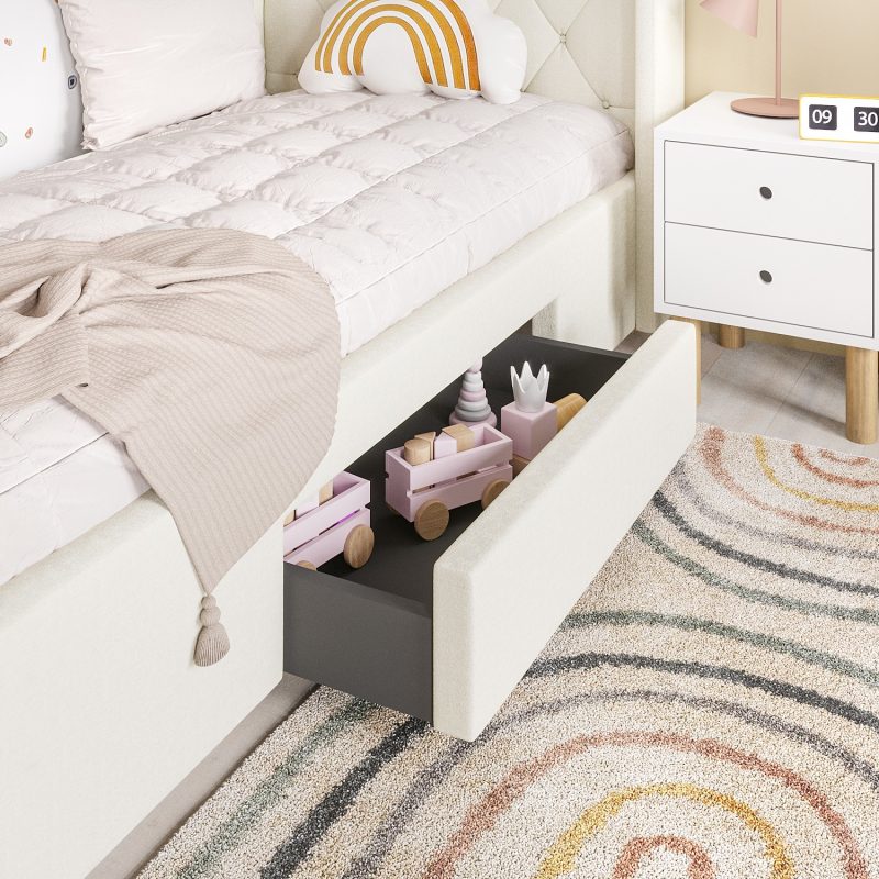 Beige Fabric Single Bed Frame with Storage Drawer - Phoebe - Image 2