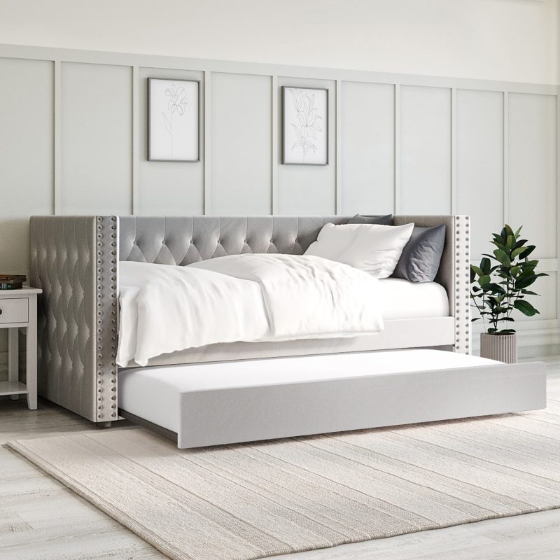 Single Day Bed Sofa with Trundle in Grey Velvet - Sacha