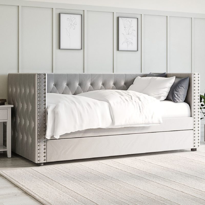 Single Day Bed Sofa with Trundle in Grey Velvet - Sacha - Image 2