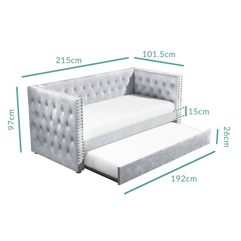 Single Day Bed Sofa with Trundle in Grey Velvet - Sacha - Image 3