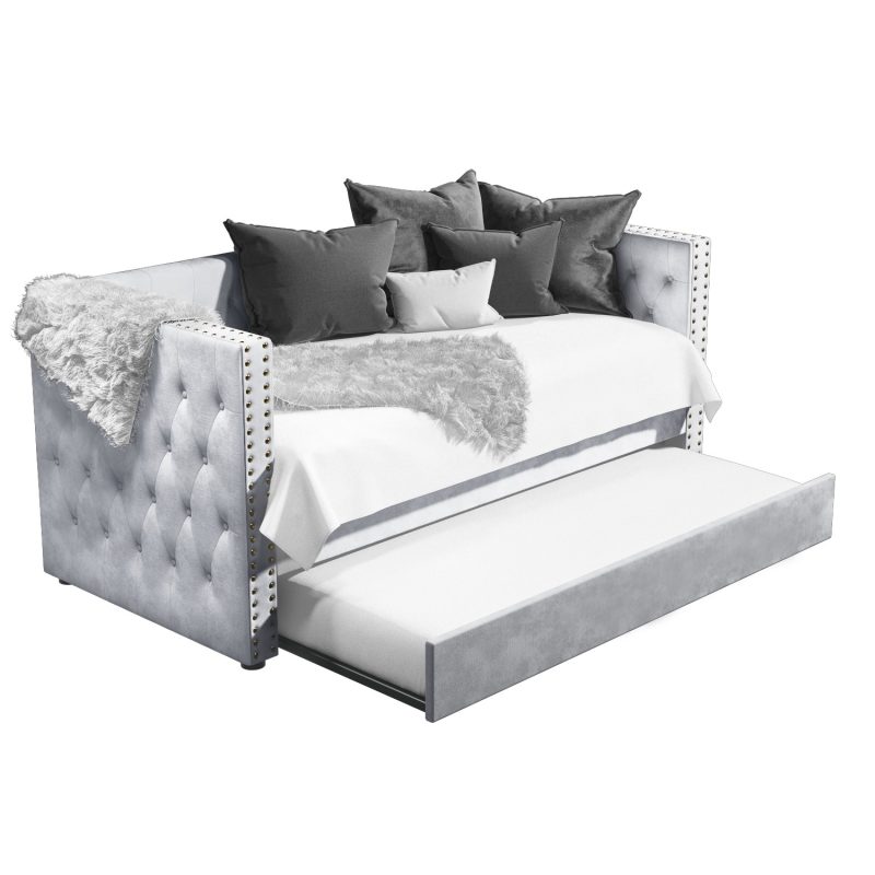 Single Day Bed Sofa with Trundle in Grey Velvet - Sacha - Image 4