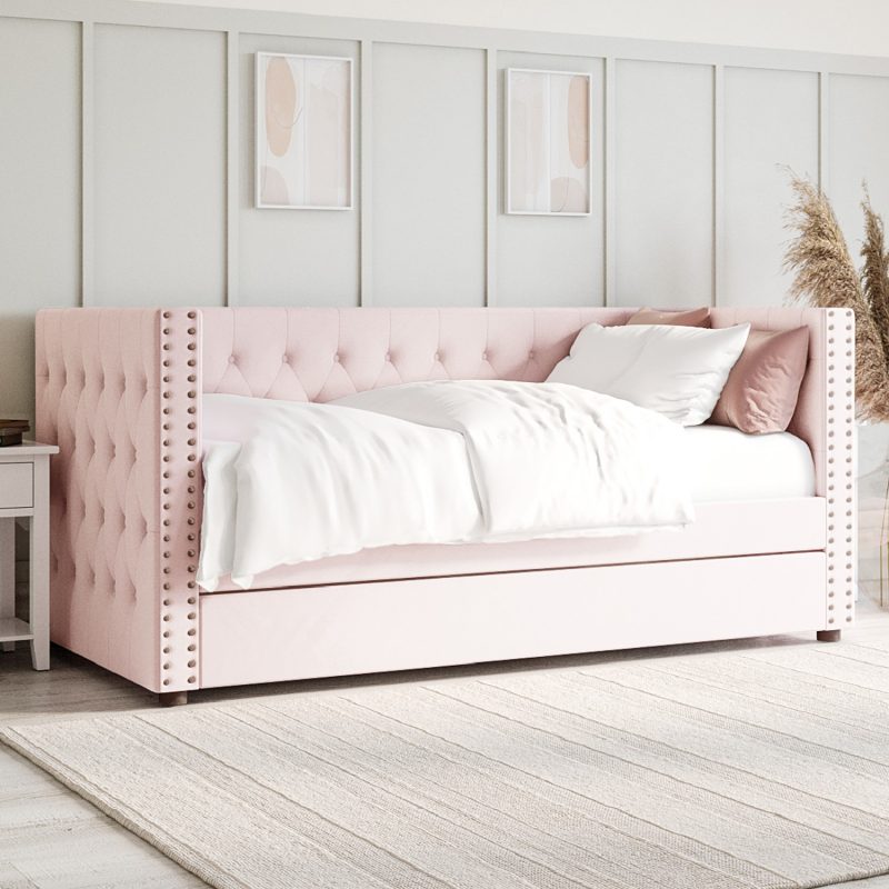 Single Day Bed Sofa with Trundle in Pink Velvet - Sacha - Image 2