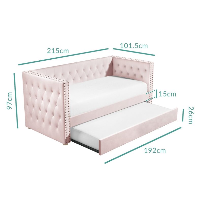 Single Day Bed Sofa with Trundle in Pink Velvet - Sacha - Image 3