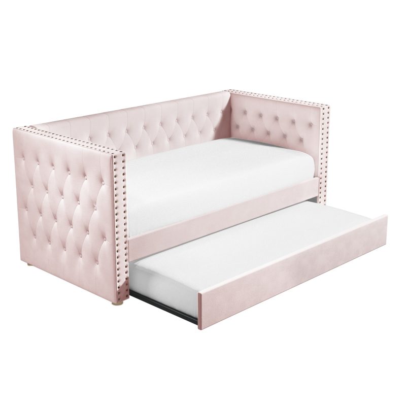Single Day Bed Sofa with Trundle in Pink Velvet - Sacha - Image 4