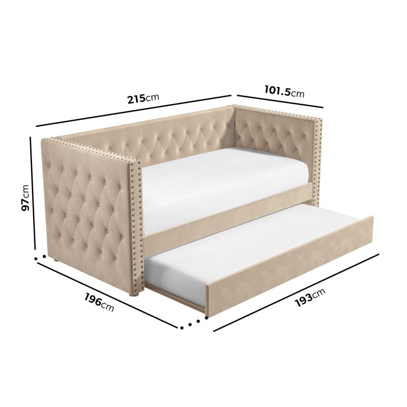 Single Day Bed Sofa with Trundle in Beige Velvet - Sacha - Image 3