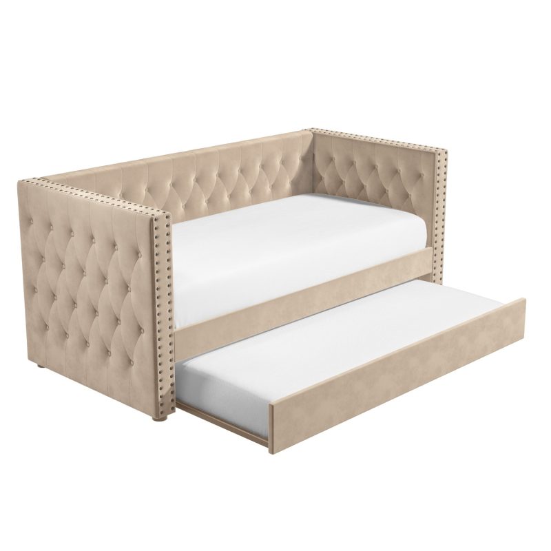 Single Day Bed Sofa with Trundle in Beige Velvet - Sacha - Image 4