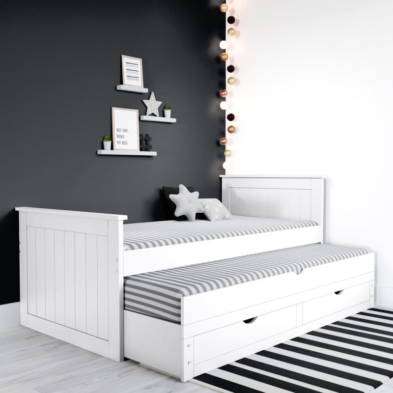 Single White Wooden Guest Bed with Storage and Trundle - Sander