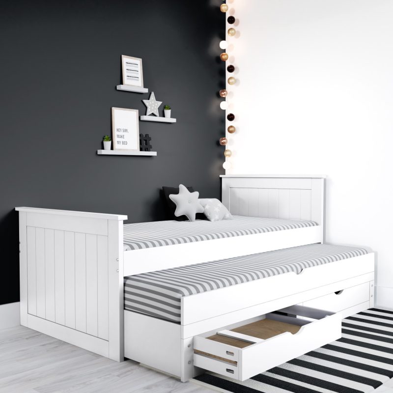 Single White Wooden Guest Bed with Storage and Trundle - Sander - Image 2
