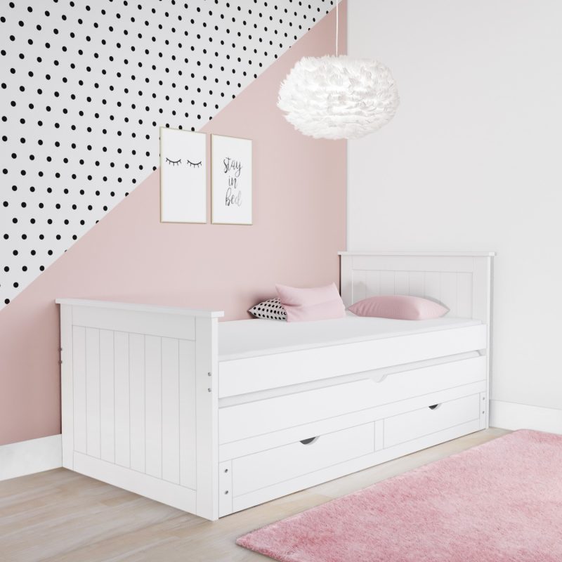Single White Wooden Guest Bed with Storage and Trundle - Sander - Image 3