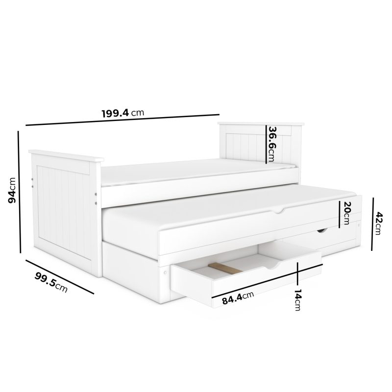 Single White Wooden Guest Bed with Storage and Trundle - Sander - Image 4