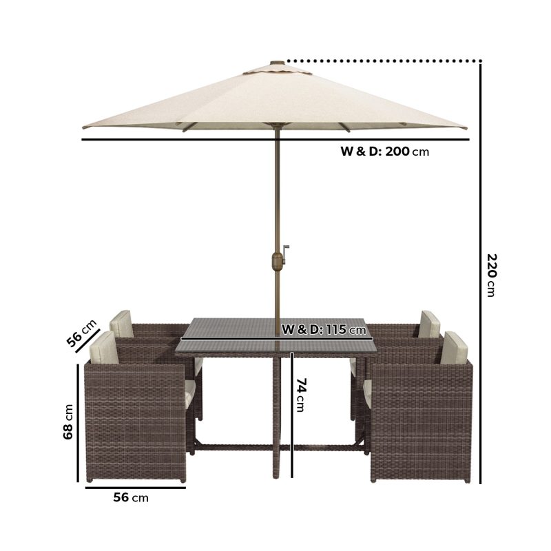 Brown Rattan Cube Garden Dining Set - 4 Seater - Parasol Included - Fortrose - Image 3