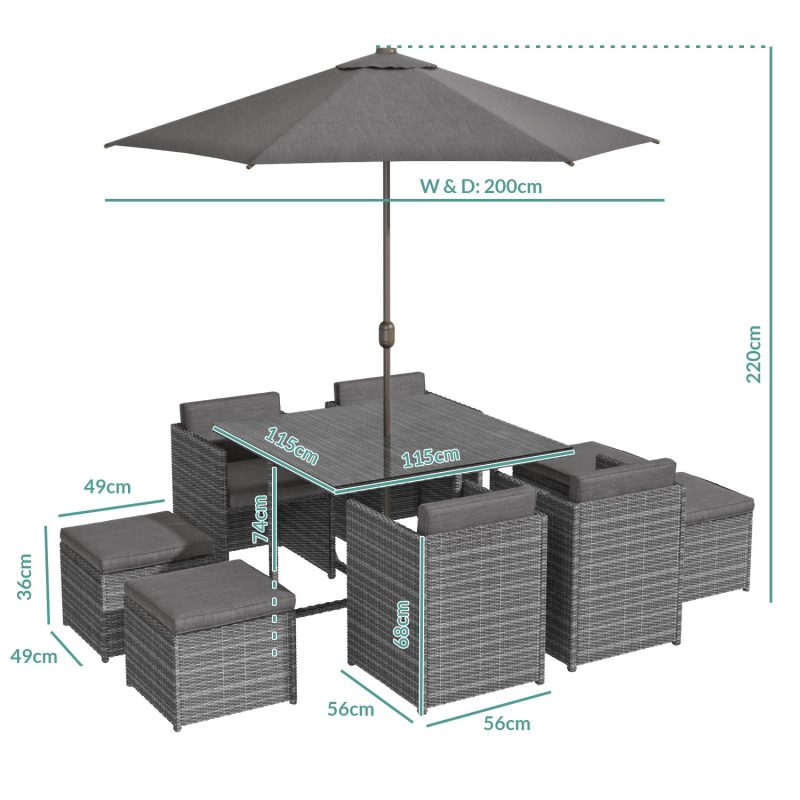 8 Seater Dark Grey Rattan Cube Garden Dining Set - Parasol Included - Fortrose - Image 3