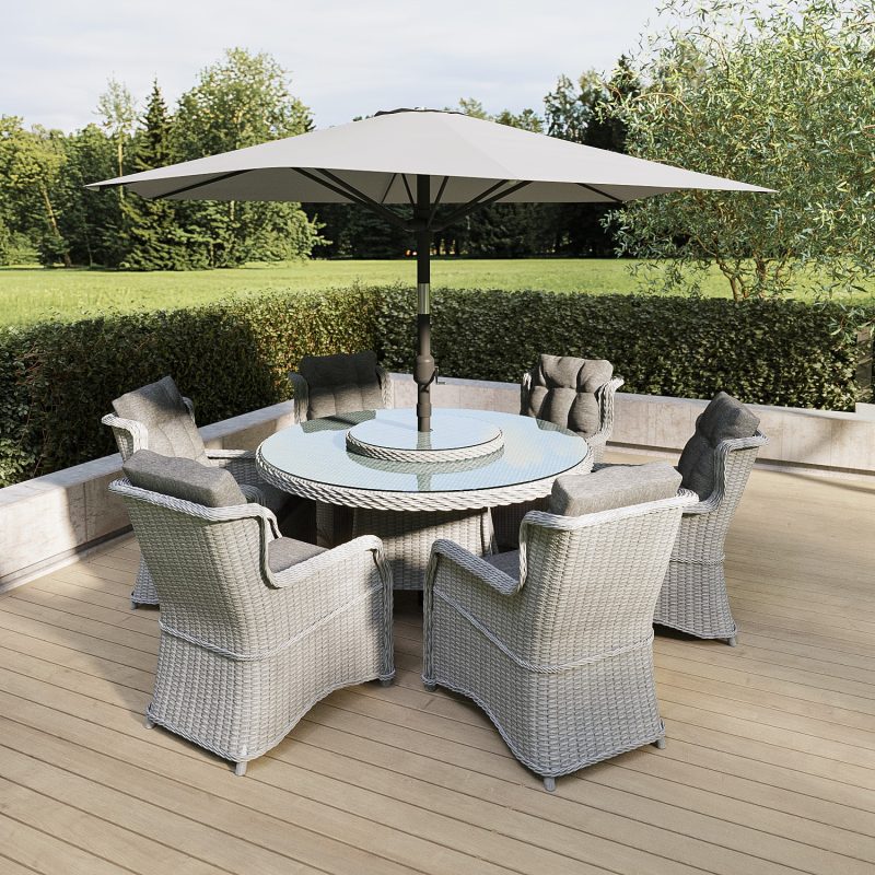 6 Seater Grey Round Rattan Garden Dining Set with Lazy Suzan and Parasol - Aspen