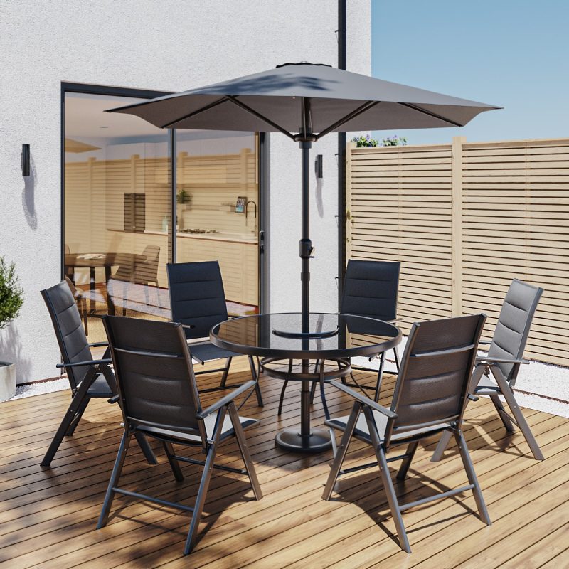 Grey Metal Garden Dining Set with Lazy Susan Parasol & Foldable Chairs - Fortrose